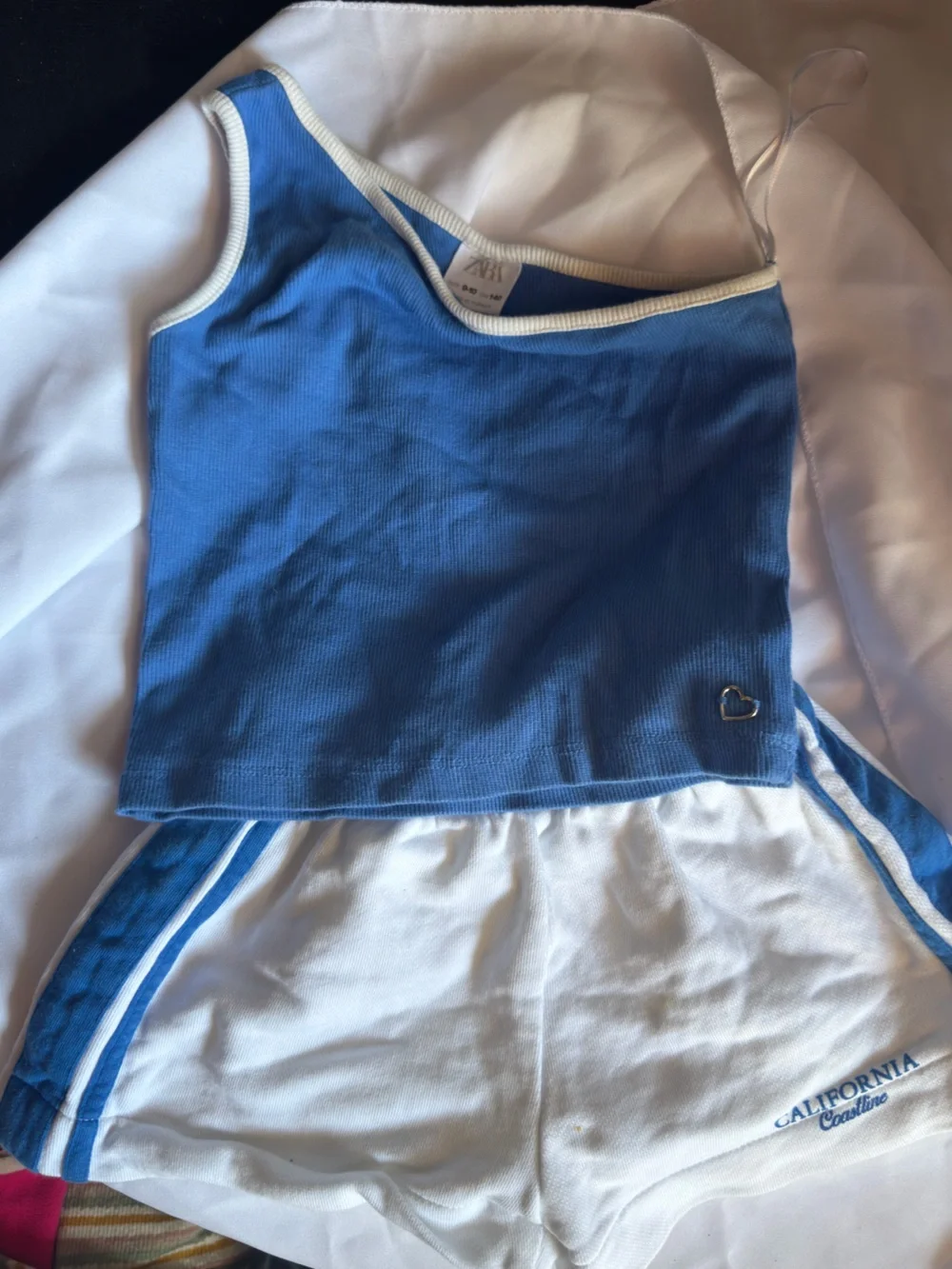 Zara Blue Ribbed Crop Tank with white Trim and Heart Accent